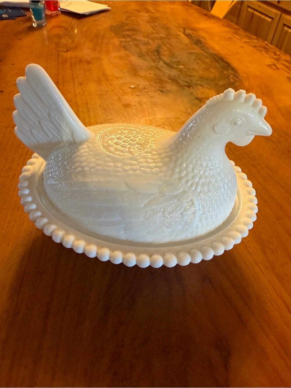 Indiana Milk Glass Hen stippled base so older perfect condition
